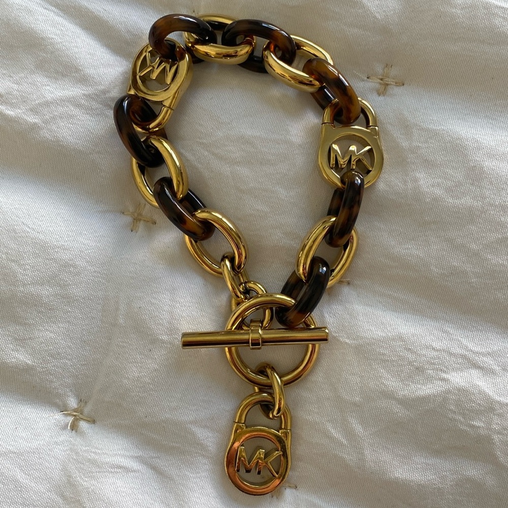 Michael Kors Tortoise Gold Tone Toggle Link Bracelet